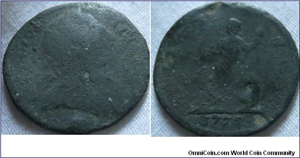 1775 possible variant (higher 7?) farthing, clear date, looks dug up from the ground so condition reflects a couple of hundred years under there, at least the date is clear