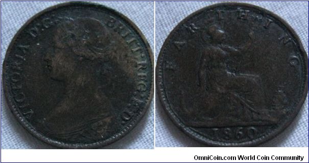 1860 farthing, possible worn dye used (seems to be a line joining the T and H, also 0 almost touches border teeth