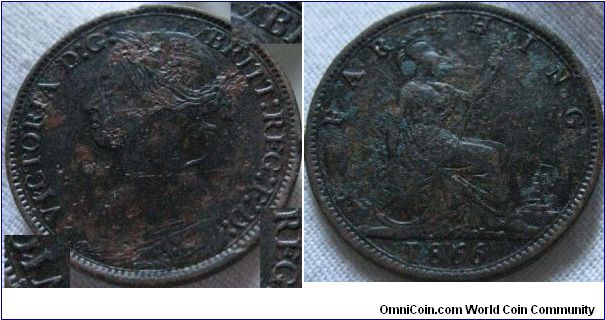 nice 1866 farthing, some interesting errors on obverse (3 in total) including an interesting join between the portrait and the B in britt, the in in reg almost RFG and the I in vicoria seems to have something too, looks like a detector find, coin looks like a VF to EF though