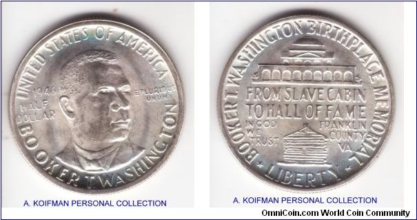KM-198, 1946 Unites States, Booker T. Washington commemorative half dollar, Philadelphia mint (no mint mark); silver, reeded edge, mintage 1,000,546; uncirculated.