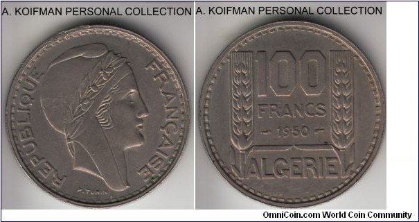 KM-93, Algeria 1950 100 francs; copper nickel, reeded edge; uncirculated or about, looks to be either a flan or minting process fault at the edge.