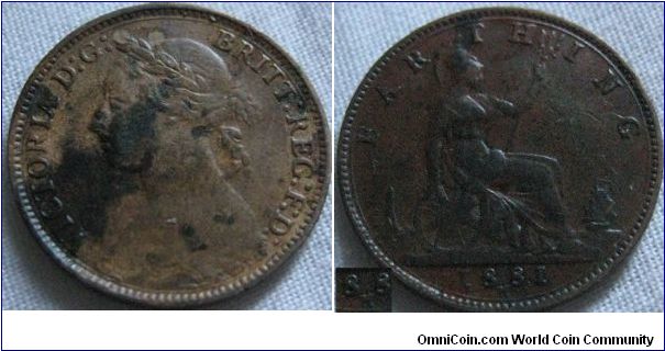 1881 H farthing, the H is slanted towards the first 8, also a nice doubling on the H in farthing