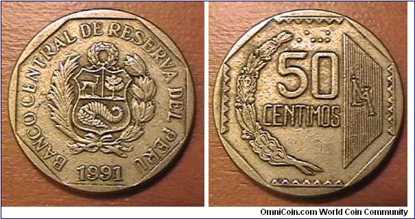 BANCO CENTRAL DE RESERVA DEL PERU, 50 CENTIMOS, Copper-nickel
monogram Lima mint
