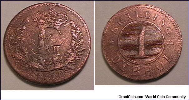 This is not a real coin, but a token that is produced at the site where a famous battle took place between Denmark, Prussia and Austria April 7-18 1864. 1 Skilling Dybbol