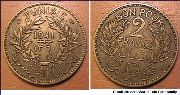 TUNISIE, BON POUR 2 FRANCS, Aluminum-bronze