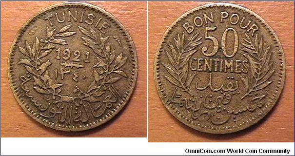 TUNISIE, BON POUR 50 CENTIMES,
Aluminum-bronze