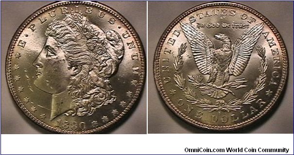 Morgan Silver Dollar .900 Silver
1880-S, San Francisco Mint. graded at MS-63