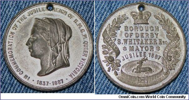 Queen Victoria's Diamond Jubilee Medal, Derby.  Nice image of a Stag. BHM# 3268. RR. AE 37mm  Not listed in WM. by Joseph Moore.