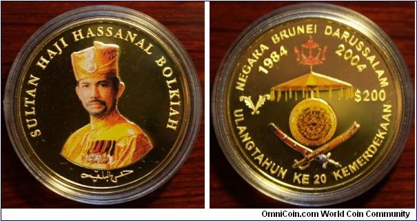 2OTH Anniversary of Independance. $200, 31g, 0.9997 oz Gold. AGW, 32.12mm Bust 3/4 left, facing Legend: SULTAN HAJI HASSANAL BOLKIAH
National arms. Legend: NEGARA BRUNEI DARRUSSALAM
Mintage: 200