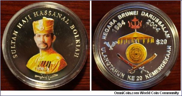 2OTH Anniversary of Independance. $20, 31.1g, Silver, 40.70mm Bust 3/4 left, facing Legend: SULTAN HAJI HASSANAL BOLKIAH
National arms. Legend: NEGARA BRUNEI DARRUSSALAM
Mintage: 1000