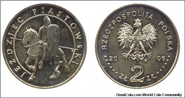 Poland, 2 zlote, 2005, Cu-Al-Zn-Sn, 27mm, 8.15g, Jezdziec Piastowski, Polish cavalry.                                                                                                                                                                                                                                                                                                                                                                                                                               