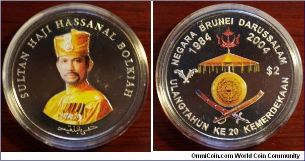 2OTH Anniversary of Independance. $2, 31.1g, Copper Nickel, 40.70mm Bust 3/4 left, facing Legend: SULTAN HAJI HASSANAL BOLKIAH
National arms. Legend: NEGARA BRUNEI DARRUSSALAM
Mintage: 4000