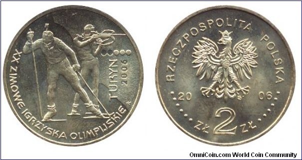 Poland, 2 zlote, 2006, Cu-Al-Zn-Sn, 27mm, 8.15g, XX Zimowe Igrzyska Olimpijske Turyn 2006, XXth Winter Olympic Games, Turin.                                                                                                                                                                                                                                                                                                                                                                                        
