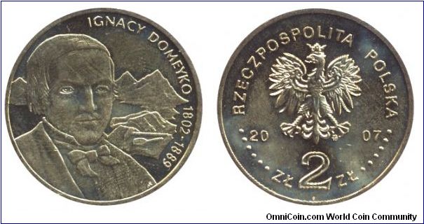 Poland, 2 zlote, 2007, Cu-Al-Zn-Sn, 27mm, 8.15g, Ignacy Domeyko 1802-1889.                                                                                                                                                                                                                                                                                                                                                                                                                                          