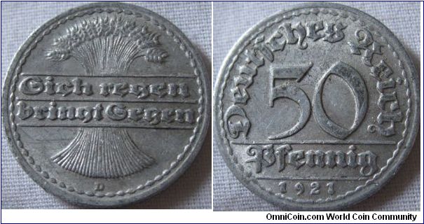 EF, 1921 D 50 pfennig, weimar coin, nice looking coin, one of my favourate designs from the german coins