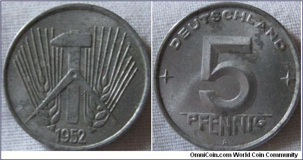 DDR 1952 EF 5 pfennig, 113,397,000 minted in berlin (A) nice looking coin for the date however
