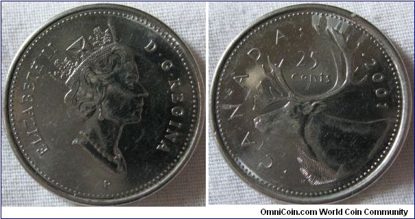 canada 2001 P 25 cents struck with worn dye on reverse, bright lustre