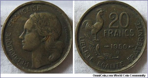 1950 B 20 francs, aEF, no lustre but good details for VF but enough wear to warrent VF a better mint