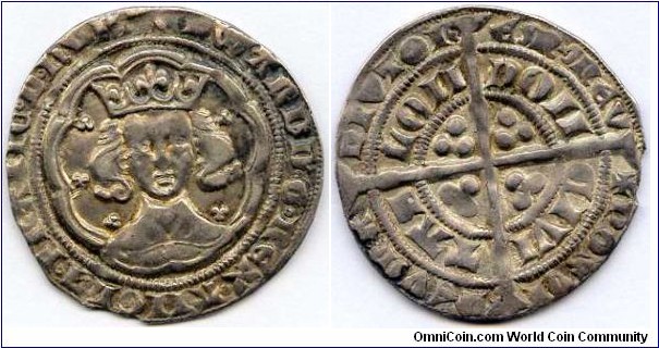 EDWARD III (1327-1377)Groat, 4th Coinage, Pre-treaty period Series Gc, London Rev: Saltire in 2nd quarter