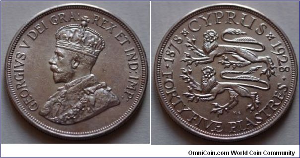 GEORGE V, CYPRUS. 45 Piastres, 1928. Struck in London. 28.27g, To commemorate 50 years of British administration. Crowned bust left. Reverse: Two lions passant to left.
