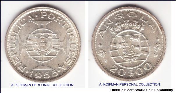 KM-74, 1955 Portuguese Angola 20 escudo; silver reeded edge; nice brilliant uncirculated specimen, a toning spots on obverse