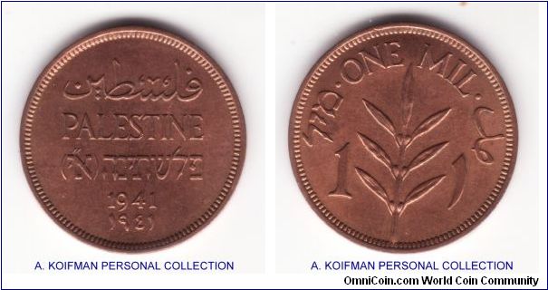 KM-1, 1941 Palestine under british mandate 1 mil; plain edge, bronze; Extra fine, some dirt and a spot on reverse