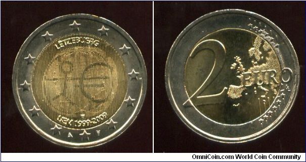 2 Euros
Economic & Monetary Union, 1999-2009
Stick figure and Euro symbol
two latent image of the Grand Duke's portrait were added (as required by national law). The method used (multi-view-minting)
Map of the community & Value