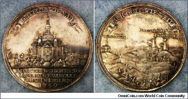 German States - Schlesien-Hirschberg, city silver medal, 1759, on the 50 year-old anniversary of the Protestant church in Hirschberg.  Obv. view of the church, rev. landscape with three churches. Some adjustment marks. 37.96mm, 14.24g. Ref.: Fr. u. S. 4408, Slg.  Whiting 521.