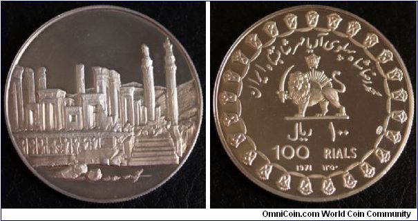 100 Rials, 2500 years of Persian Empire, 30g, 0.9990 Silver SH1350 - Proof Obverse: The ruins of Persepolis. With 1 AR and 1000 assayer's marks
