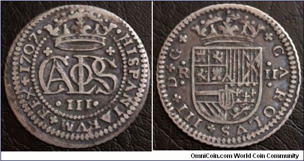 CARLOS III (later HRE Charles VI), Pretender, 1701-1714. 2 Reales, Barcelona. Arms/CAROLVS monogram.  Interesting and historical--a relic of the War of the Spanish Succession.  VF, toned (27mm).