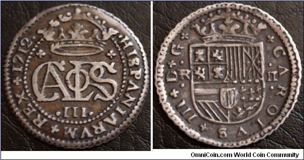 CARLOS III (later HRE Charles VI), Pretender, 1701-1714. 2 Reales, Barcelona. Arms/CAROLVS monogram.  Interesting and historical--a relic of the War of the Spanish Succession.  VF, toned (27mm).