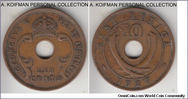 KM-19, 1927 East Africa 10 cents; plain edge, bronze; George V, circulated and dirty but decent good very fine.
