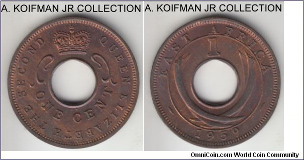 KM-35, 1959 East Africa cent; King's Norton mint; plain edge, bronze; Elizabeth II, this specimen started toning into purplish and bluish colors, pretty.