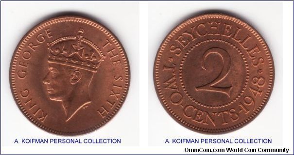 KM-6, 1948 Seychelles 2 cents; bronze, plain edge; uncirculated mostly red with some toning starting.
