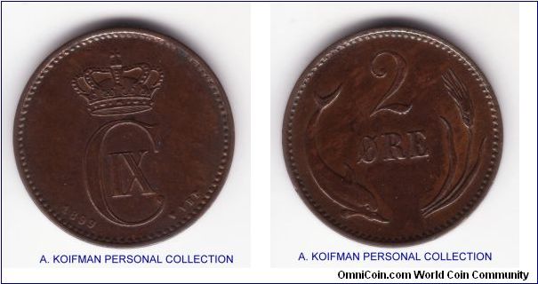 KM-793.2, 1899/7 Denmark 2 ore; bronze, plain edge; good very fine maye to about extra fine, details are ice and clear but circulated for a while, this is an overdate variety.