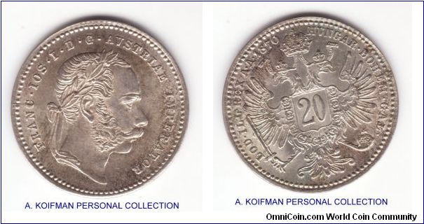 KM-2212, 1870 Austria 20 kreuzer; silver plain edge; nice uncirculated or almost, lustrous