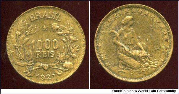 1000 Reis
Value within wreath
Kneeling lady liberty holding cornicopia