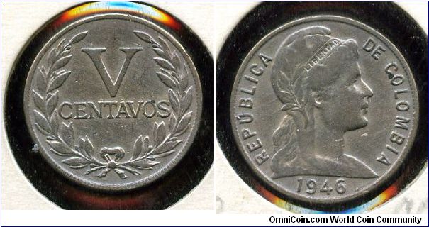 1946 Small date
5 Centavos
Value within wreath
Liberty head
P mm = Philadephia