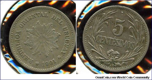 1901A
5 Centesimos
Sun burst & date
Value within wreath
A mm = Paris/Belin/Vienna