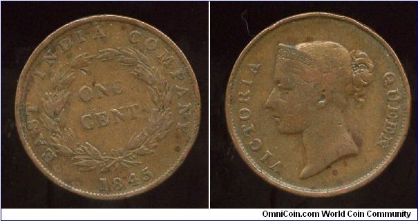 Straits Settlement 
1845
East India Compamy
1 Cent
Value within Wreath
Queen Victoria young head