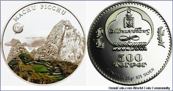 Machu Picchu, the city created by Inca Empire, located on a mountain ridge. The ruins of Machu Picchu, rediscovered in 1911 by Yale archaeologist Hiram Bingham, are one of the most beautiful and enigmatic ancient sites in the world. 500 Tugrik, 2008. 25g, 0.9250 Silver, 38.61mm, mintage: 2500 units.