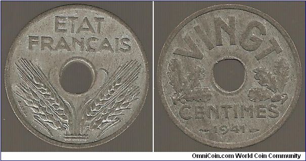 20 Centimes.  Zinc.  Issued for Vichy French State.  Mintage, 54,044,000.