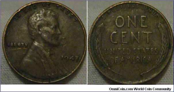 1947 1 cent, good detail remains weak