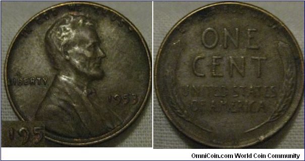 1953 cent 1 and 9 joined by a line traces of lustre