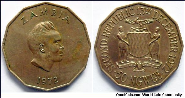 50 ngwee.
1972, Second Republic 13th December 1972.
President Kaunda on obverse.