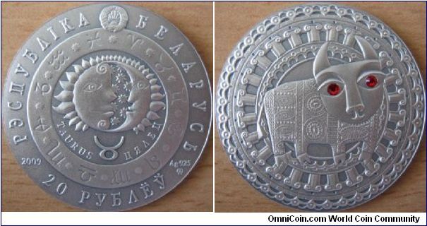 20 Rubles - Zodiac sign Taurus - 28.28 g Ag .925 UNC (with two synthetic crystals) - mintage 25,000
