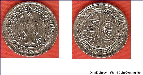 Weimar Republic
50 reichspfennig
Munich Mint
nickel
