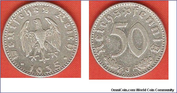 Third Reich
50 reichspfennig
eagle without swastika
Hamburg Mint
aluminum