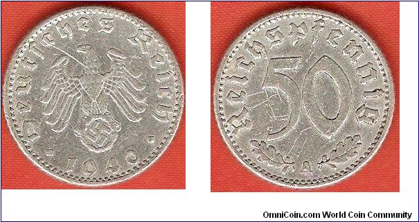 Third Reich
50 reichspfennig
eagle with swastika
Berlin Mint
aluminum