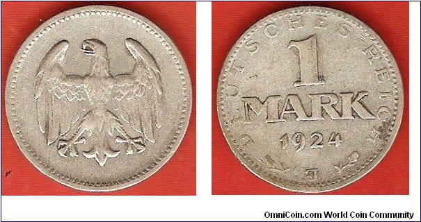 Weimar Republic
1 mark
Hamburg Mint
0.500 silver